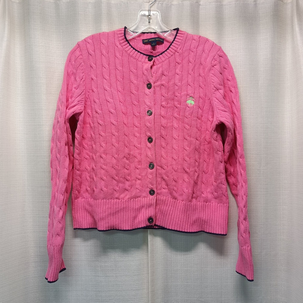 Brooks Brothers 346 Pink Cable Knit Cotton Cardigan Sweater Navy Trim Womens L